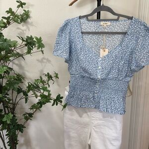 Elegant Blue Floral Button-Up Blouse